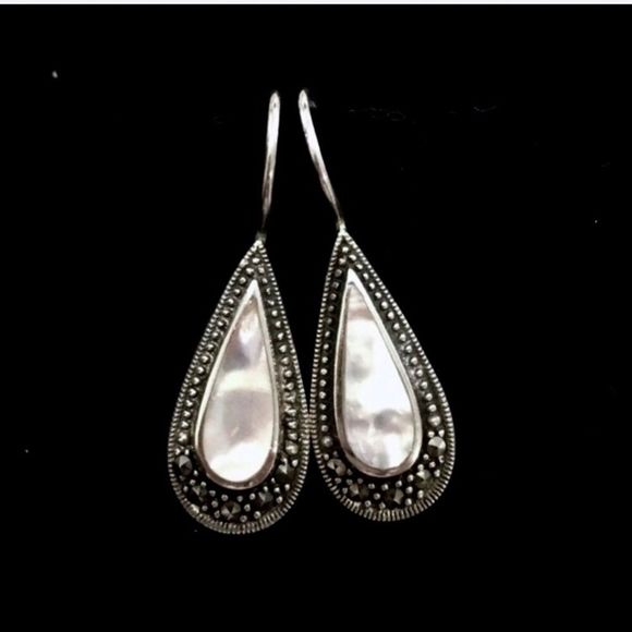Sterling Silver 925 Marcasite Outlined Mother of Pearl Drop Earrings - Picture 8 of 13
